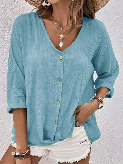 Lichtgroen linnen zomershirt voor dames met losse pasvorm en luchtige uitstraling, perfect voor warme dagen.