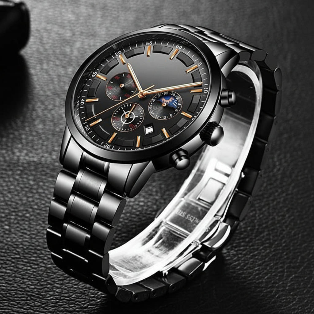 Stijlvol herenhorloge, militair design, perfect accessoire voor mannen. Robuust en tijdloos zwart uurwerk.