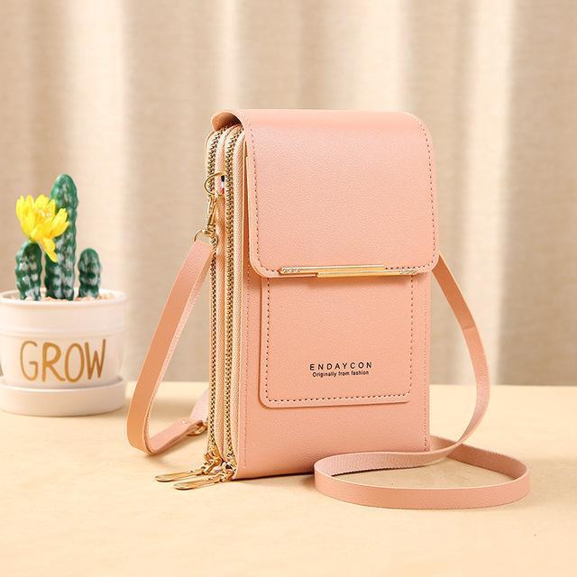 Trendy leren telefoonportemonnee, perfect cadeau voor dames die stijlvolle accessoires waarderen.