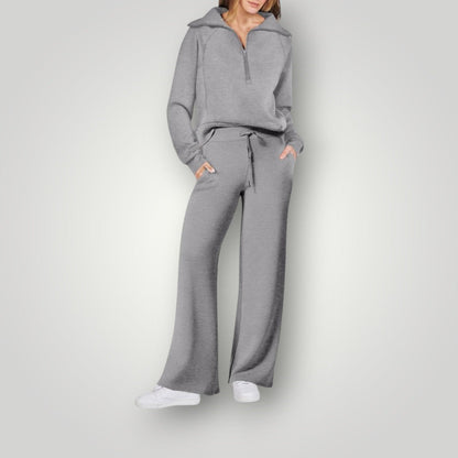 "Lilou luxe loungewear set voor dames, zachte neutrale tinten, gecoördineerd sweatshirt en sweatpants, stijlvol en comfortabe