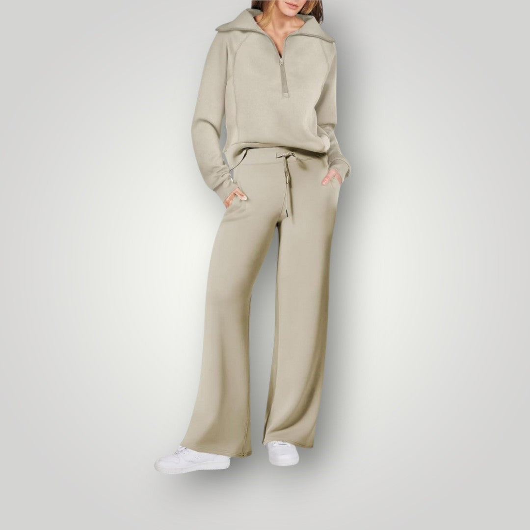 "Lilou luxe loungewear set voor dames, zachte neutrale tinten, gecoördineerd sweatshirt en sweatpants, stijlvol en comfortabe