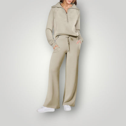 "Lilou luxe loungewear set voor dames, zachte neutrale tinten, gecoördineerd sweatshirt en sweatpants, stijlvol en comfortabe