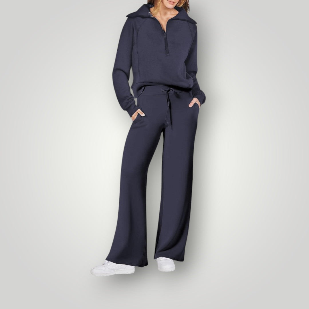 "Lilou luxe loungewear set voor dames, zachte neutrale tinten, gecoördineerd sweatshirt en sweatpants, stijlvol en comfortabe