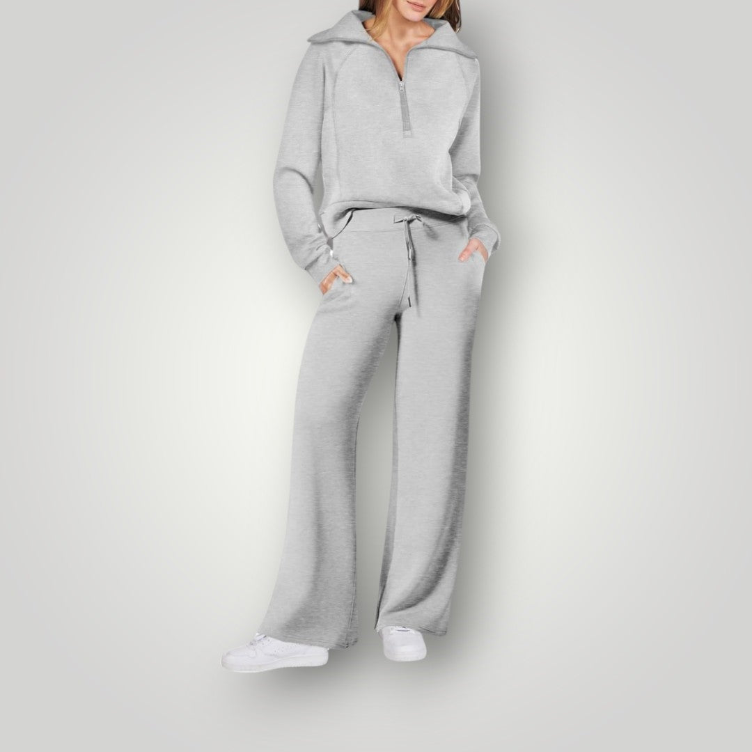 "Lilou luxe loungewear set voor dames, zachte neutrale tinten, gecoördineerd sweatshirt en sweatpants, stijlvol en comfortabe