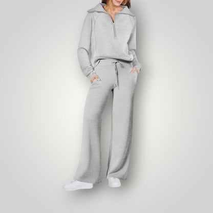 "Lilou luxe loungewear set voor dames, zachte neutrale tinten, gecoördineerd sweatshirt en sweatpants, stijlvol en comfortabe