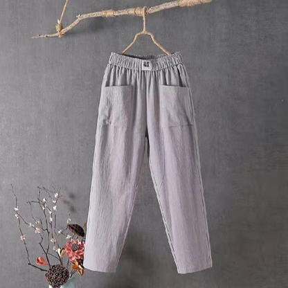 Linnen broek elegante stof en elastische taille, ideaal voor zomerse dagen, biedt comfort en een stijlvolle pasvorm.
