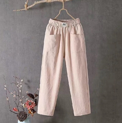 Linnen broek elegante stof en elastische taille, ideaal voor zomerse dagen, biedt comfort en een stijlvolle pasvorm.