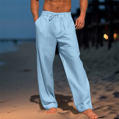 Linnen herenbroek, relaxed fit, lichtblauw met trekkoord, ontspannen pasvorm. Perfecte zomerbroek voor comfort en stijl.