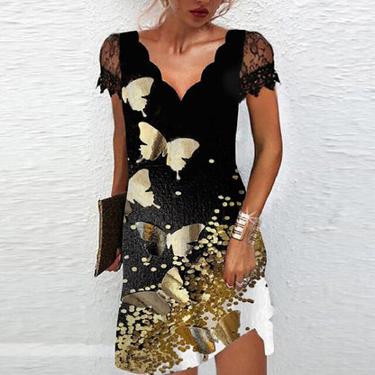 "Livia zomerjurk met kanten mouwen en v-hals, elegante patronen en vrouwelijke details voor stijlvolle zomerse look"