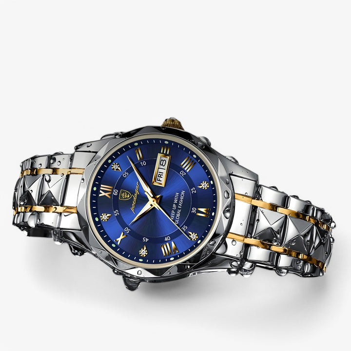 Zilverkleurig Livio Luxe horloge op een donkere achtergrond, toont precisie en tijdloze klasse.