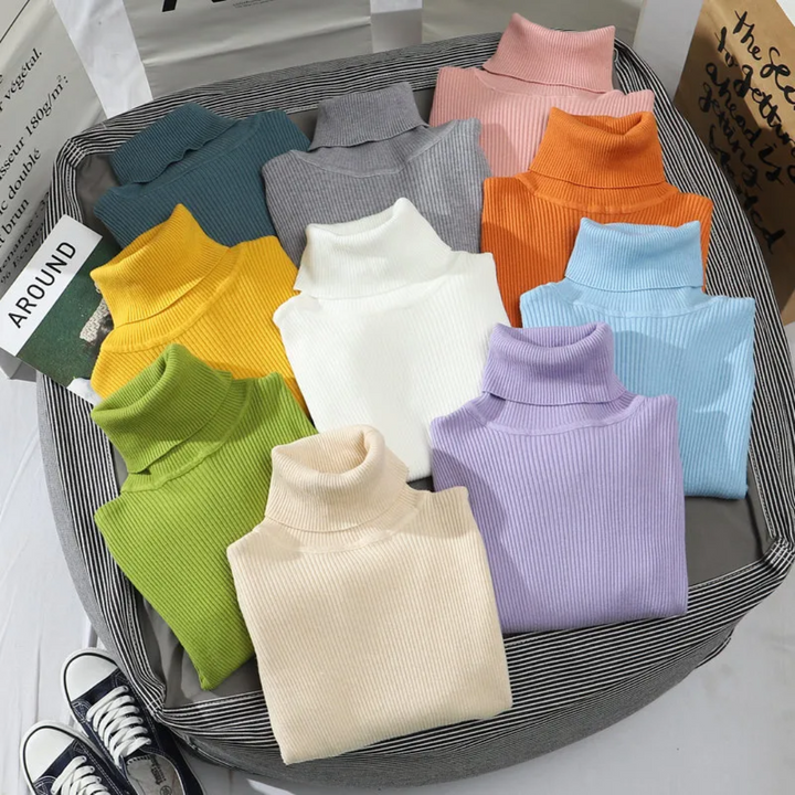 Warme slim fit dames trui, kasjmierlook, met hoge col, modern en modieus.