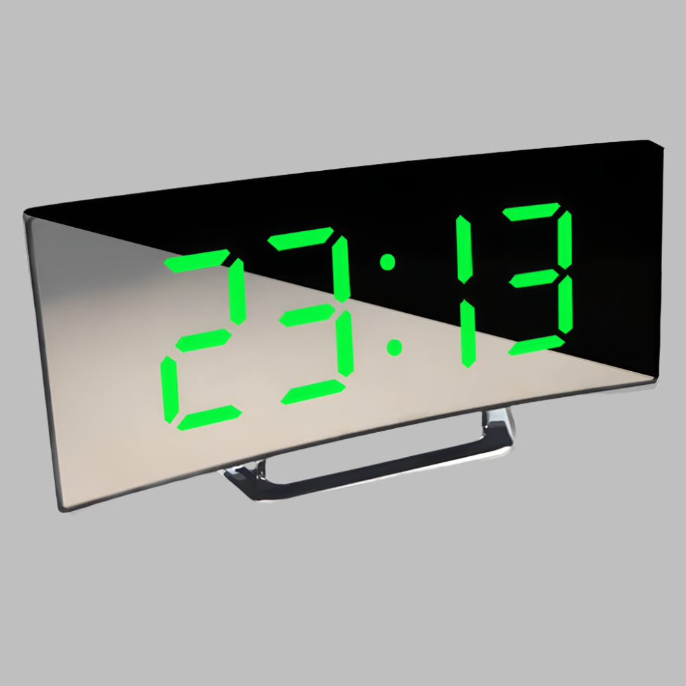 Minimalistische gebogen LED digitale klok met sluimerfunctie, perfect voor een opgeruimde slaapkamer.