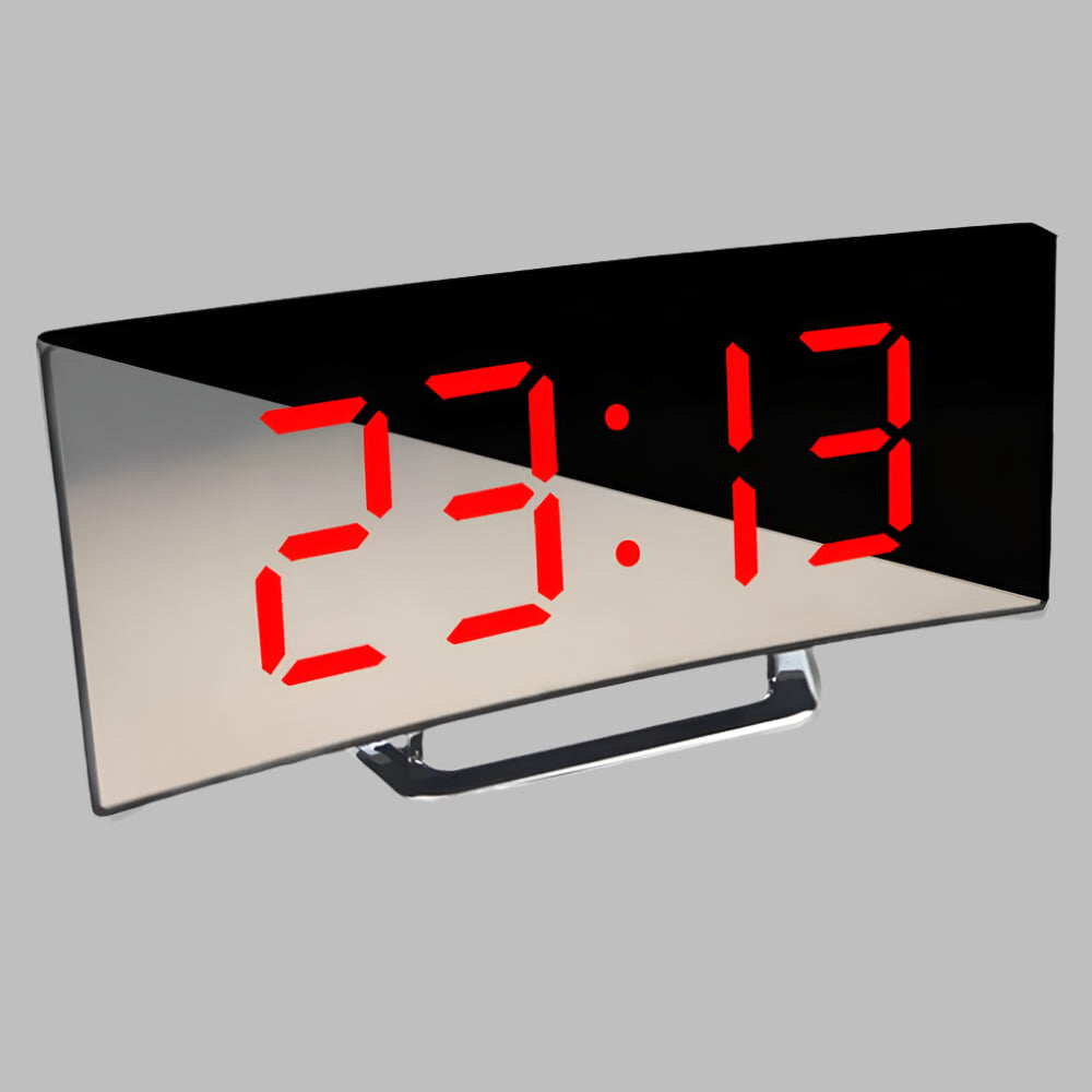 Gebogen LED wekker met digitale tijdweergave en sluimerfunctie voor slaapkamer of bureau.