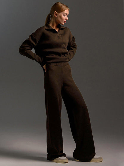 Lounge set voor dames met oversized polosweater en brede broek, zachte ademende stof, ideaal voor stijlvol comfort thuis.