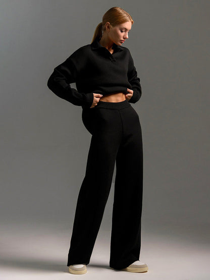 Lounge set voor dames met oversized polosweater en brede broek, zachte ademende stof, ideaal voor stijlvol comfort thuis.
