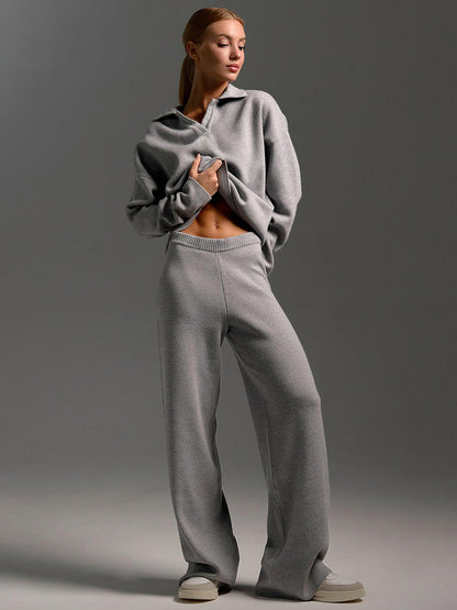 Lounge set voor dames met oversized polosweater en brede broek, zachte ademende stof, ideaal voor stijlvol comfort thuis.