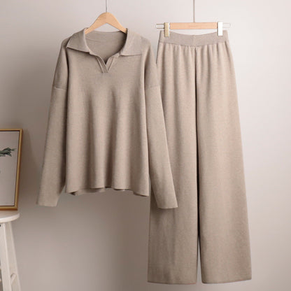 Lounge set voor dames met oversized polosweater en brede broek, zachte ademende stof, ideaal voor stijlvol comfort thuis.
