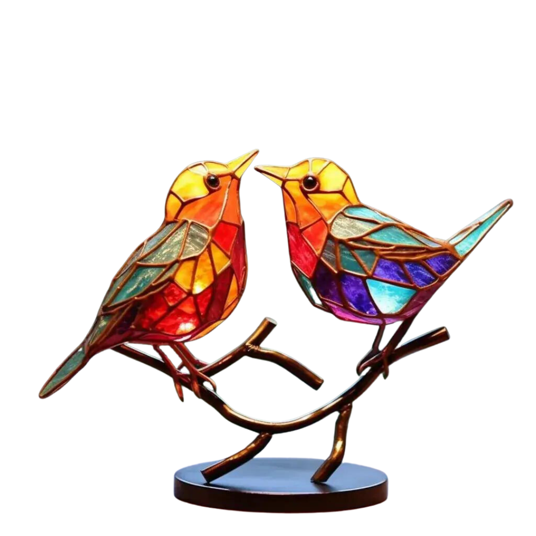 Levendig decoratief beeld met kleurrijke vogels op een tak. Perfecte interieur decoratie.
