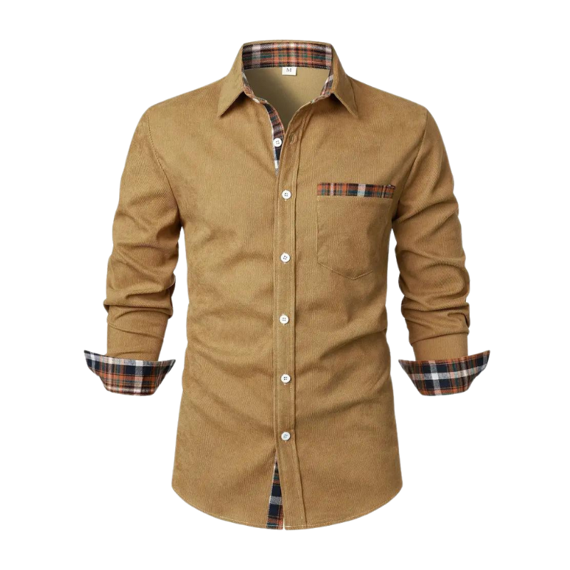 Man draagt stijlvol heren overhemd met lange mouwen, perfect voor een veelzijdige en modieuze casual look.