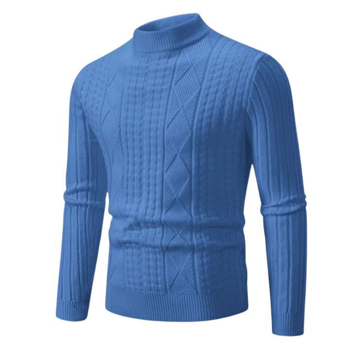 Gedetailleerde weergave van de pasvorm van de heren coltrui met hoge kraag. Warme en comfortabele wintermode.