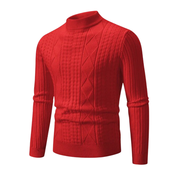 Model draagt warme heren trui met hoge kraag. Stijlvolle wintertrui voor mannen, casual of zakelijk te dragen.