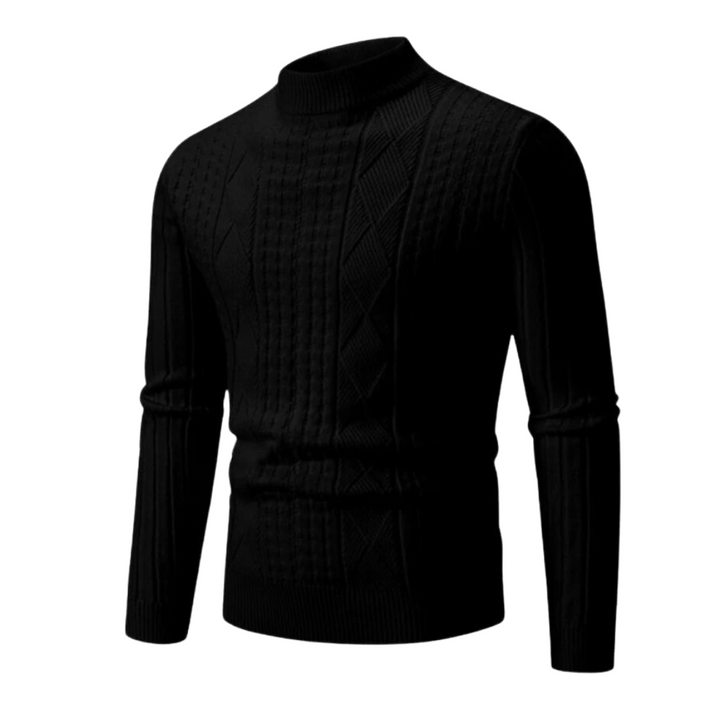 Close-up van de zachte hoge kraag van deze warme heren wintertrui. Comfortabel en stijlvol voor koude dagen.