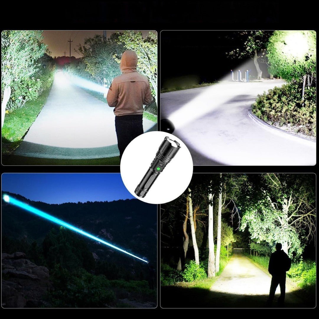 De veelzijdige LED zaklamp dient als powerbank, laadt een telefoon op in een outdoor setting.