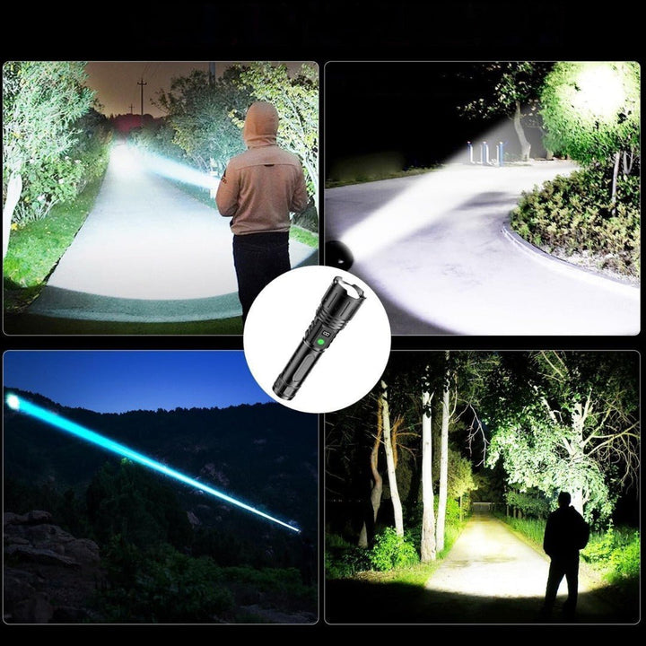 De veelzijdige LED zaklamp dient als powerbank, laadt een telefoon op in een outdoor setting.