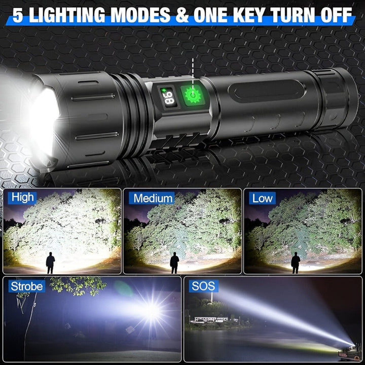 Close-up van de universele oplaadbare zaklamp, toont de robuuste aluminium behuizing en LED-lens.