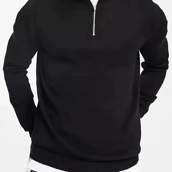Gevouwen heren trui met halve rits en opstaande col; veelzijdige en modieuze bovenkleding.