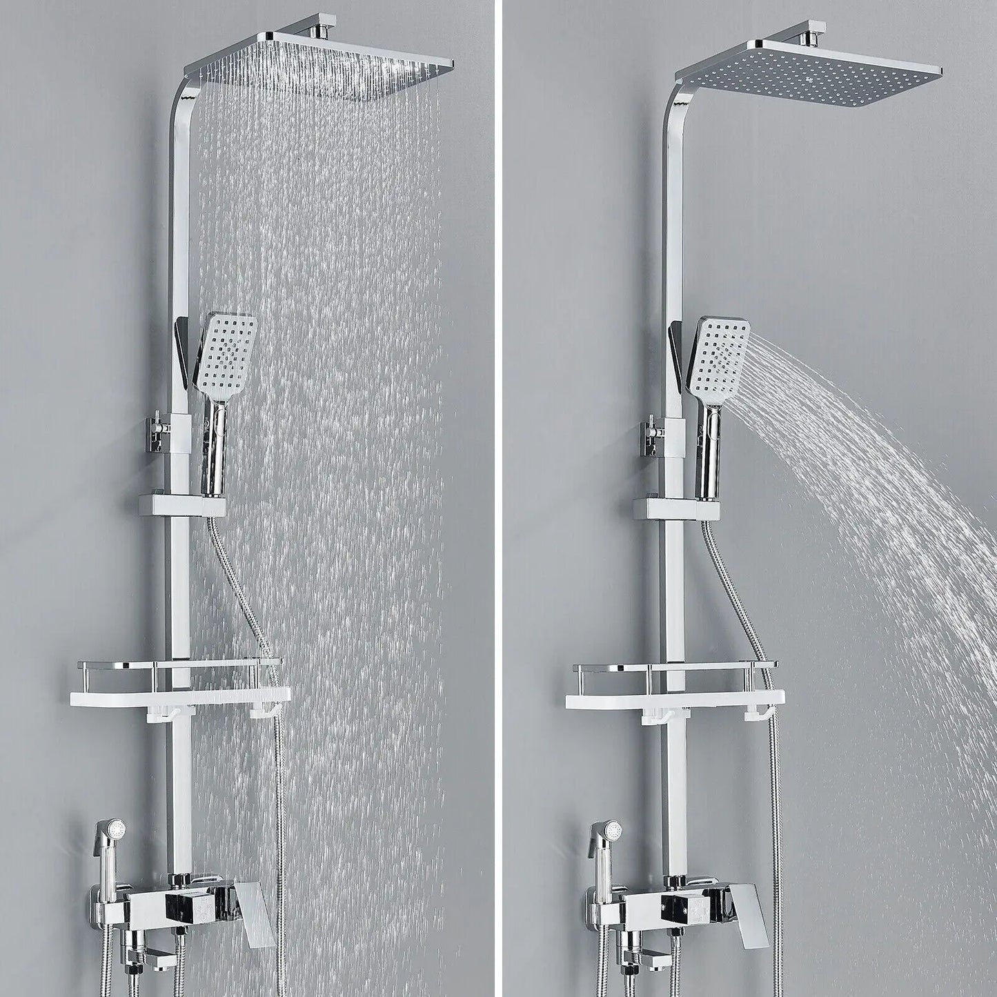 "Luxe AquaFlow doucheset met messing mengkraan en regen douchekop, glimmende chroomafwerking, elegant ontwerp."
