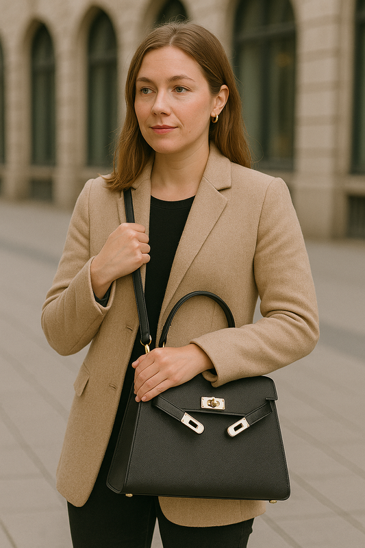 Luxe dameshandtas met glanzende metalen sluiting, strakke vormen, en stijlvolle structuur voor een elegante uitstraling.