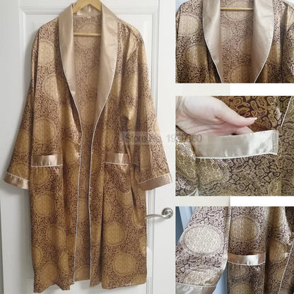 "Luxe heren kimono, satijnen stof, oosters design, elegante uitstraling met glanzend, gebloemd patroon, comfortabele pasvorm.