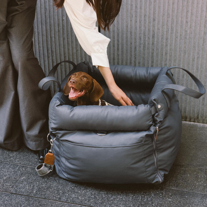 Oranjegroene hondenmand autostoel, luxe accessoire voor comfortabel reizen.