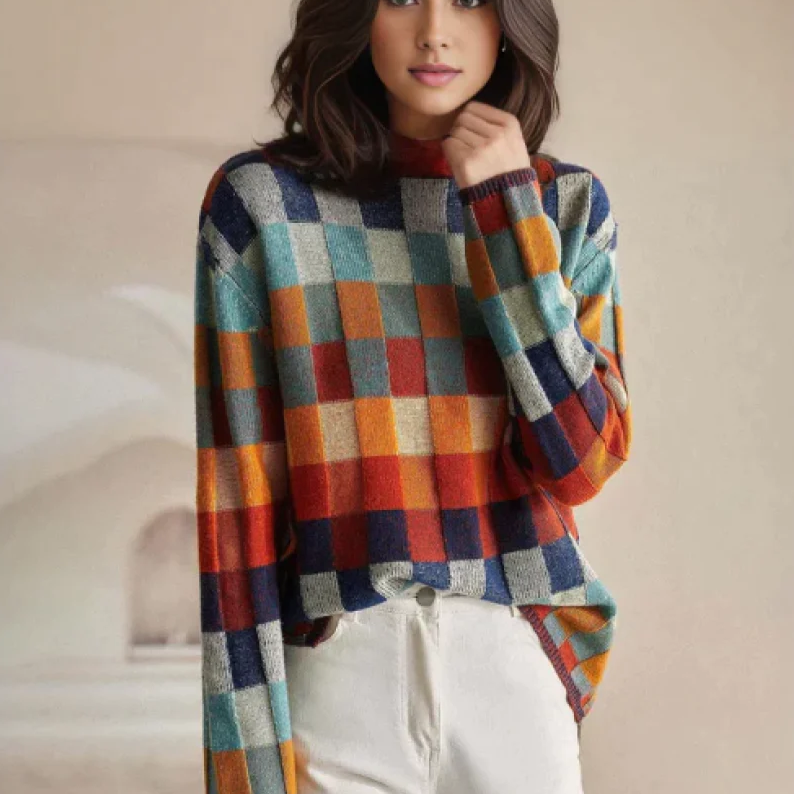 Luxe kasjmier coltrui dames met kleurrijke melange accenten; ultrazachte stof en ruime col voor ultiem comfort.