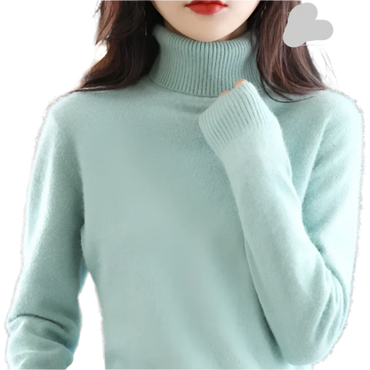 "Luxe kasjmier coltrui voor dames, elegant ontwerp, 100% kasjmier, avocadogroen, herfst-winter, warm en stijlvol."