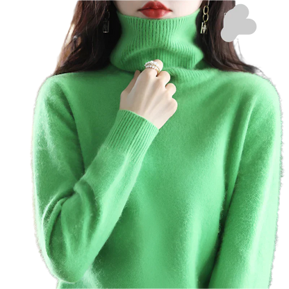 "Luxe kasjmier coltrui voor dames, elegant ontwerp, 100% kasjmier, avocadogroen, herfst-winter, warm en stijlvol."