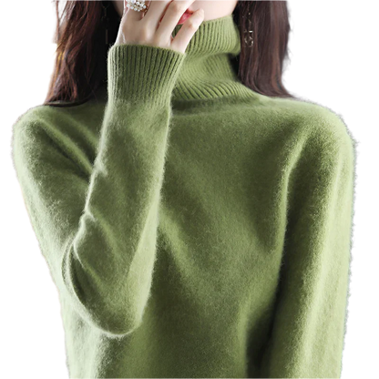 "Luxe kasjmier coltrui voor dames, elegant ontwerp, 100% kasjmier, avocadogroen, herfst-winter, warm en stijlvol."