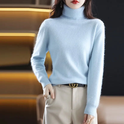 "Luxe kasjmier coltrui voor dames, elegant ontwerp, 100% kasjmier, avocadogroen, herfst-winter, warm en stijlvol."