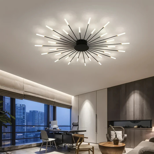"Luxe LED plafondlamp, modern design met goud en zwart, stijlvolle woonkamerverlichting, energiezuinig met LED-licht."