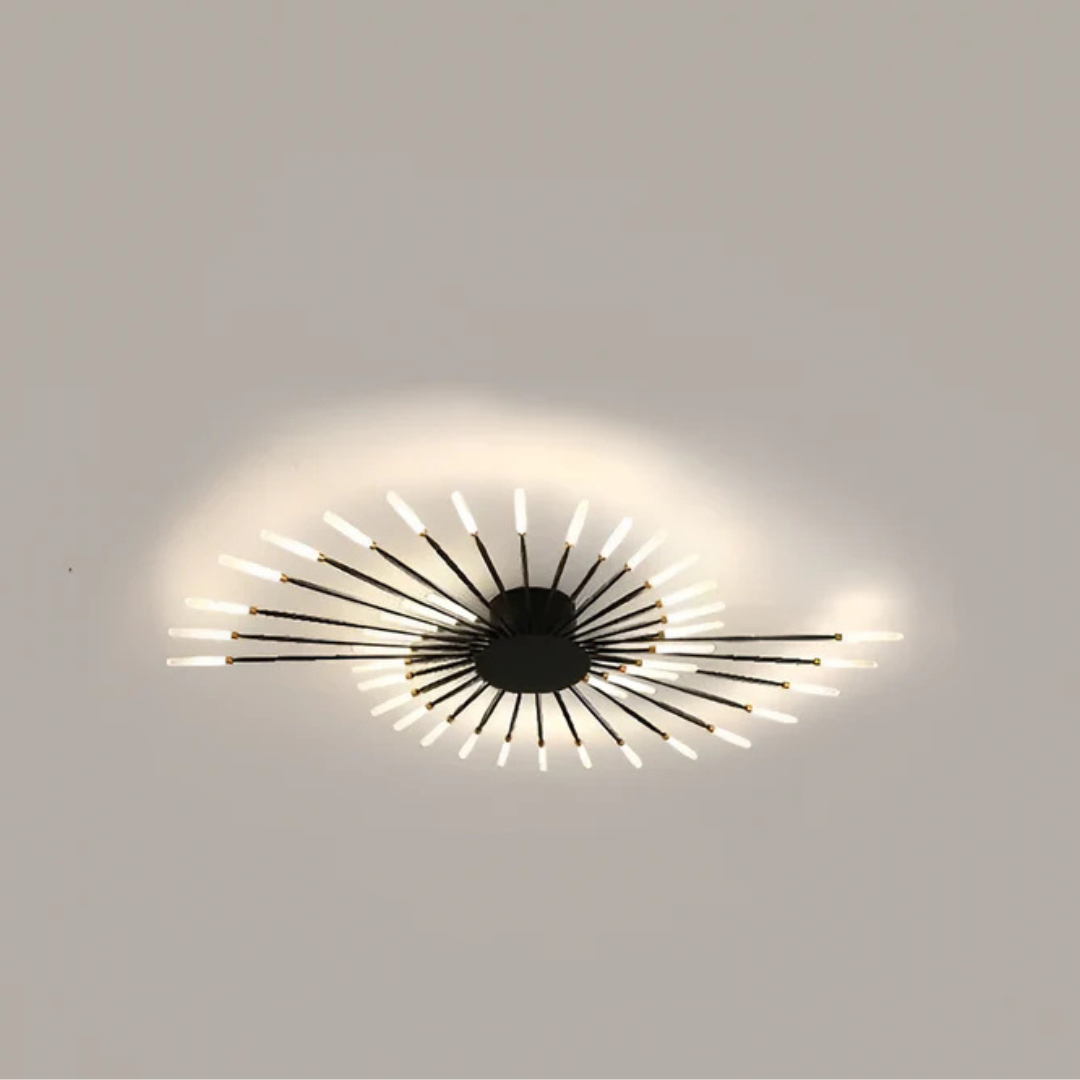 "Luxe LED plafondlamp, modern design met goud en zwart, stijlvolle woonkamerverlichting, energiezuinig met LED-licht."