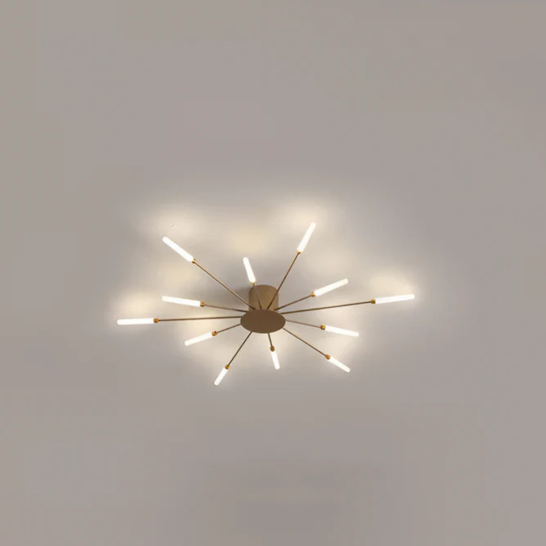 "Luxe LED plafondlamp, modern design met goud en zwart, stijlvolle woonkamerverlichting, energiezuinig met LED-licht."