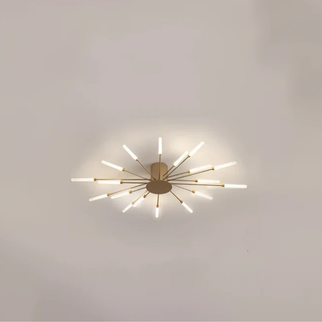 "Luxe LED plafondlamp, modern design met goud en zwart, stijlvolle woonkamerverlichting, energiezuinig met LED-licht."