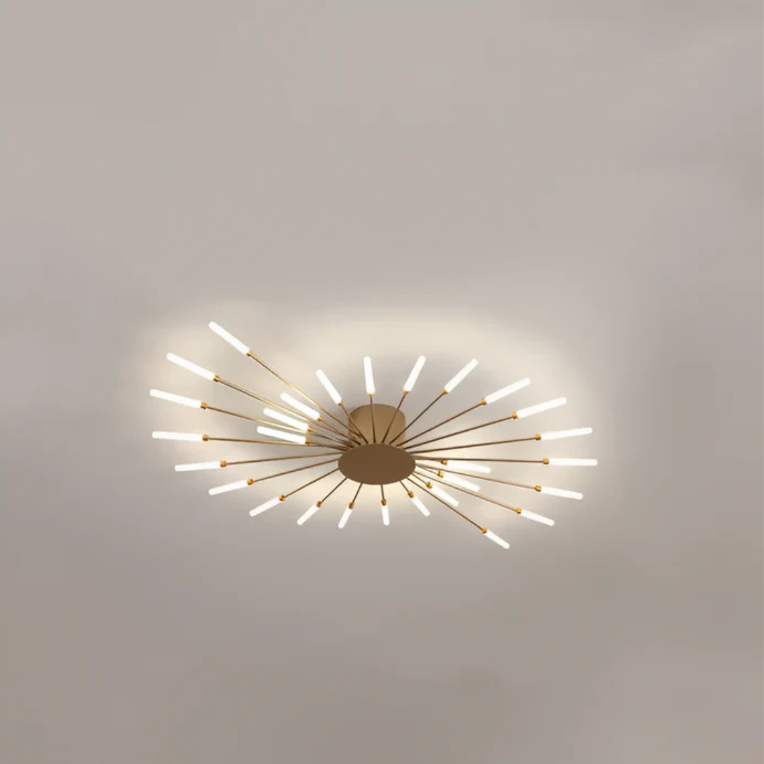 "Luxe LED plafondlamp, modern design met goud en zwart, stijlvolle woonkamerverlichting, energiezuinig met LED-licht."
