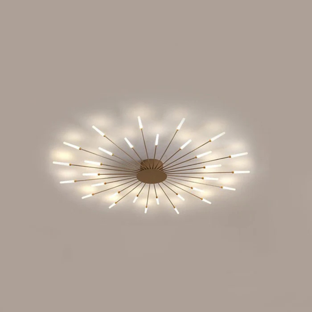 "Luxe LED plafondlamp, modern design met goud en zwart, stijlvolle woonkamerverlichting, energiezuinig met LED-licht."