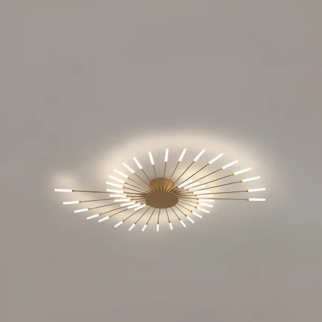 "Luxe LED plafondlamp, modern design met goud en zwart, stijlvolle woonkamerverlichting, energiezuinig met LED-licht."