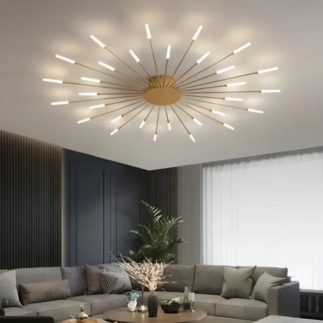 "Luxe LED plafondlamp, modern design met goud en zwart, stijlvolle woonkamerverlichting, energiezuinig met LED-licht."