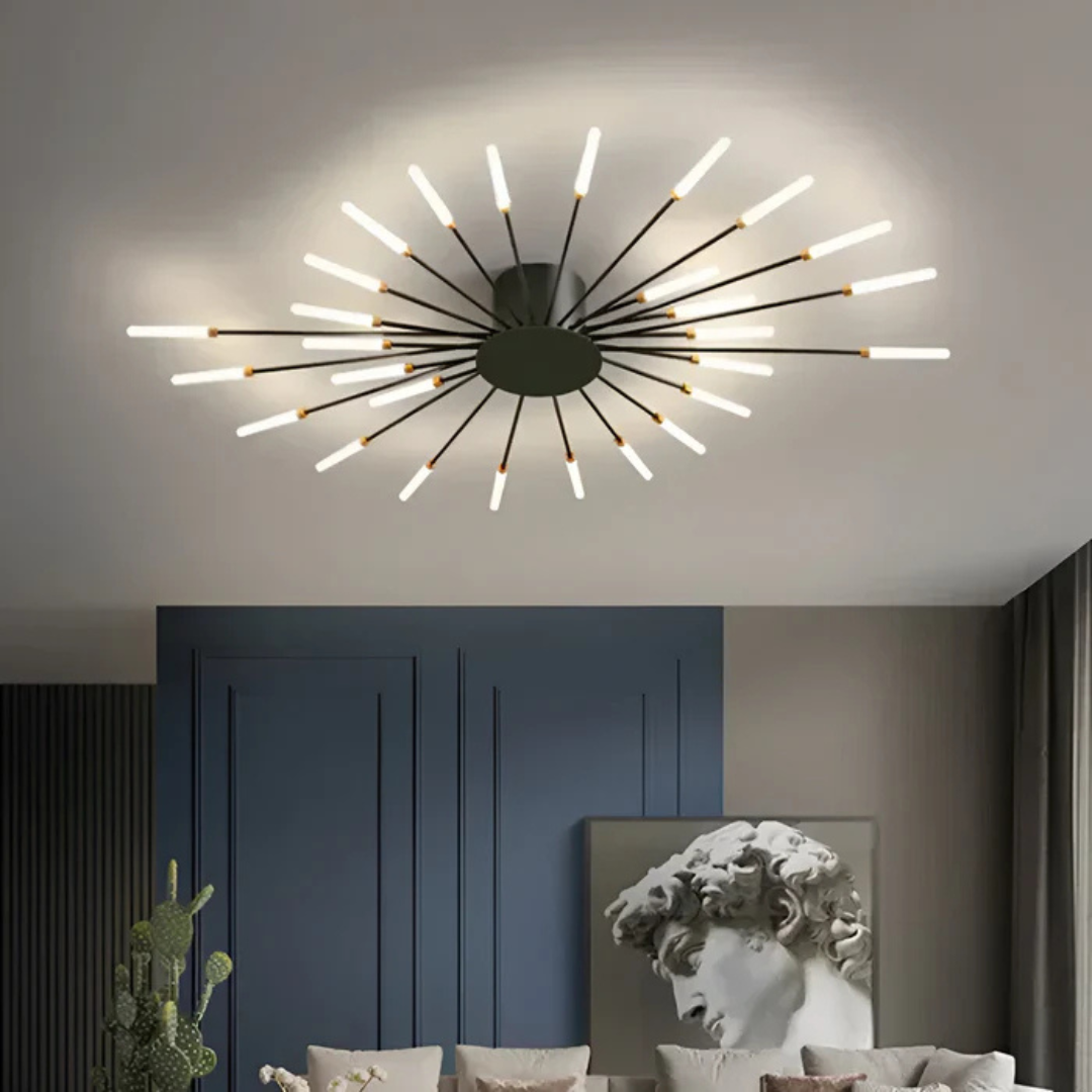 "Luxe LED plafondlamp, modern design met goud en zwart, stijlvolle woonkamerverlichting, energiezuinig met LED-licht."