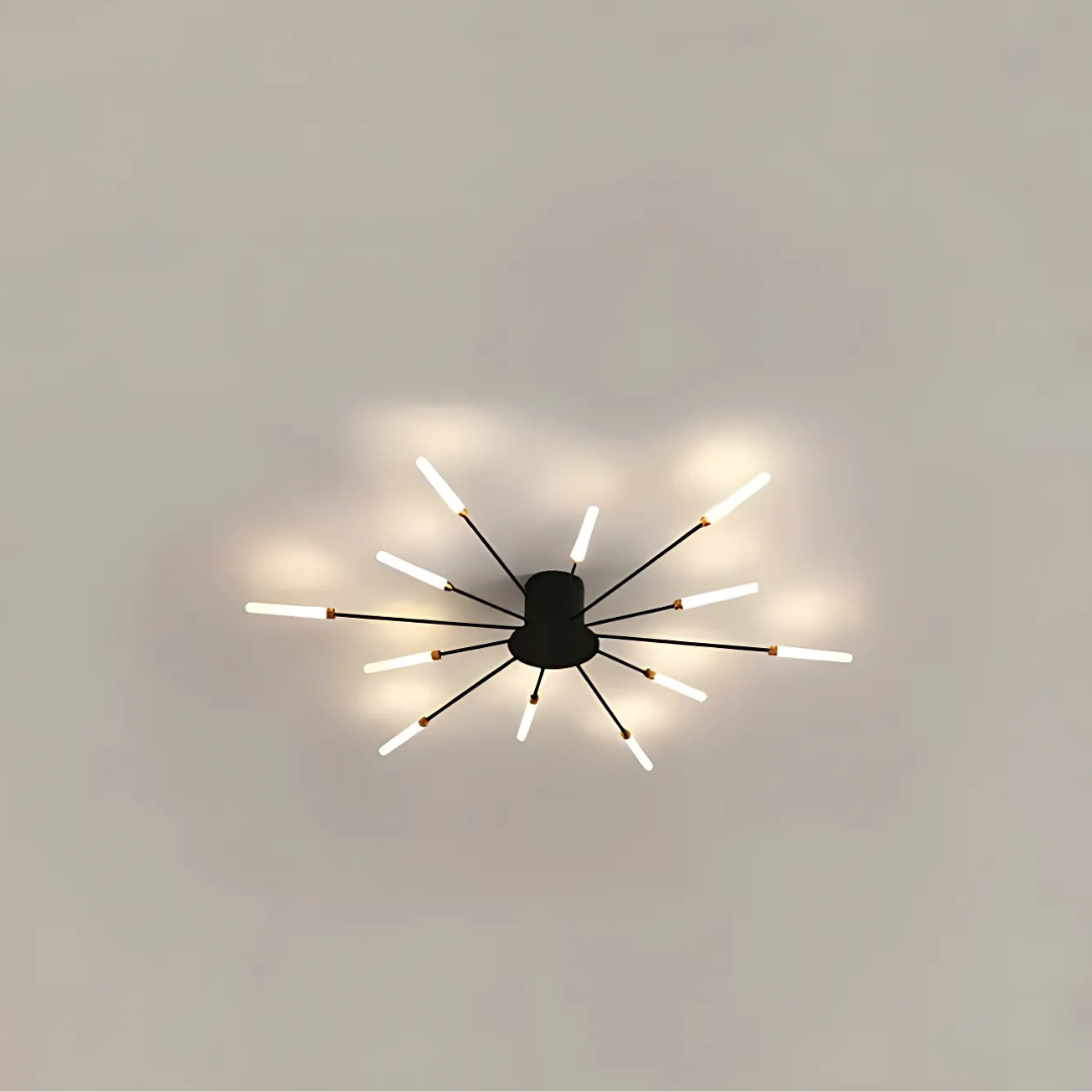 "Luxe LED plafondlamp, modern design met goud en zwart, stijlvolle woonkamerverlichting, energiezuinig met LED-licht."