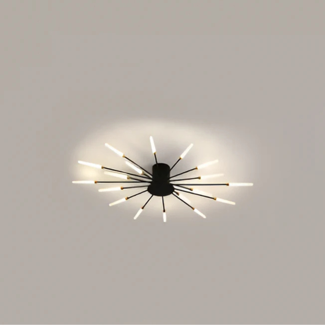 "Luxe LED plafondlamp, modern design met goud en zwart, stijlvolle woonkamerverlichting, energiezuinig met LED-licht."